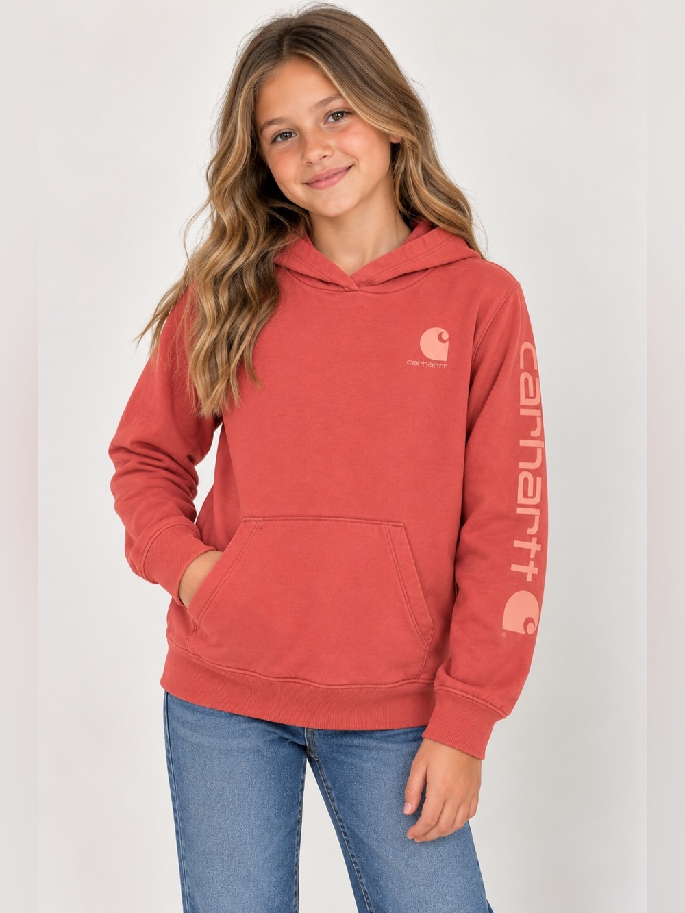 Carhartt Girls Logo Graphic Hoodie Coral Pink Size L 12